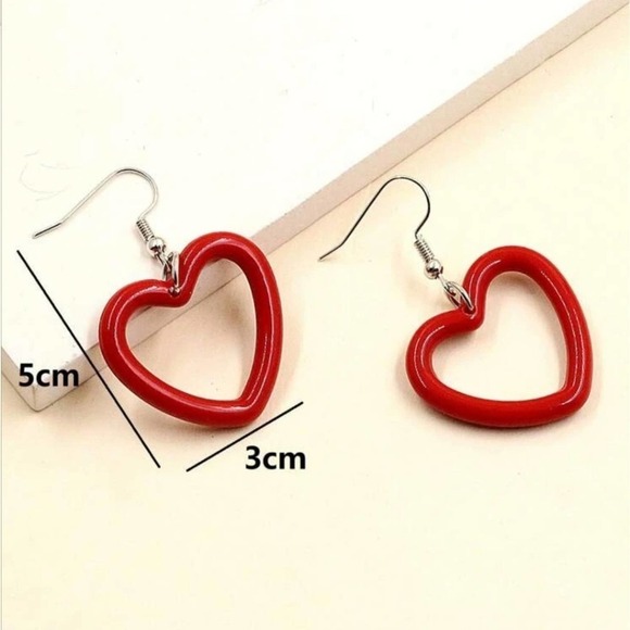 Red Heart Earrings Resin Heart Shaped Earrings Silver Hook Closure Heart Earring - Picture 6 of 7